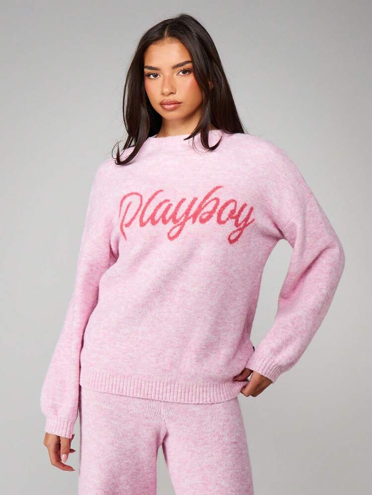 Missguided x Playboy Branded Script Melange Knit Sweater Loungewear Pullover For Autumn Winter