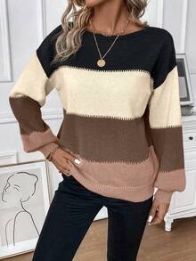 SHEIN LUNE Áo len dệt kim dáng rộng trễ vai màu tương phản, thường ngày đi làm cho nữ, mùa thu/đông - Màu Khaki - Xem 4
