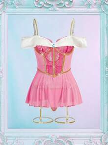 Fantasy Costume 4件套 女士经典 COS 公主闪亮蕾丝拼接露肩褶皱修身吊带连衣裙内衣套装 - 粉色 - 查看 6