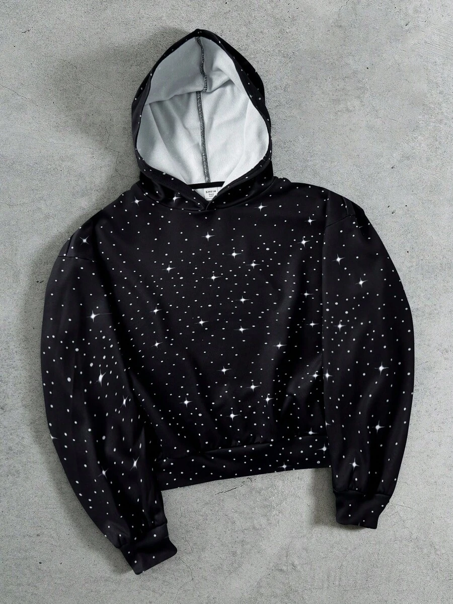 SHEIN Áo nỉ trễ vai đính đá tối giản giản dị dành cho bé trai tuổi teen, phù hợp cho mùa thu/đông - màu đen - Xem 1