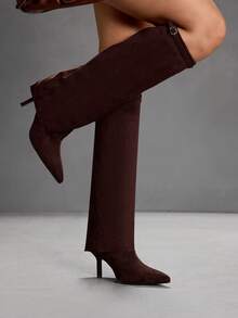 CUCCOO SZL Damen Mode Spitze Zehen Wildleder Overknee Stiefel, elegante vielseitige Slim Heel Overknee Stiefel - Braun - Übersicht 11