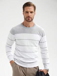 Manfinity Mode Men Striped Pattern Sweater Round Neck Long Sleeve Pullover Color Block White Business Casual Sweater For Husband, For Fall Winter - White - View 3