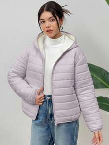 SHEIN 少女基础款灰色面料保暖绗缝短款连帽外套，冬季