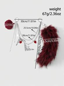 ROMWE Goth 1件 Y2K 朋克复古高品质银色镂空双层链条星形铆钉树脂草莓酒红色蓬松仿渐变闪亮动物狐狸尾巴钥匙扣包挂件，适合角色扮演、日常佩戴、礼物