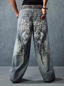 ROMWE MEN Goth Men's Cross Pattern Wide Leg Casual Loose Street Jeans - Dark Wash - View 3