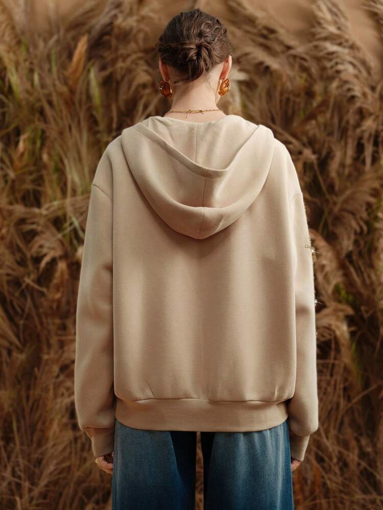 Arave 女式手工花卉装饰连帽运动衫，休闲通勤装 - 卡其色 - 查看 4
