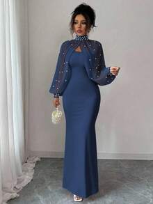 Elenzga New Elegant Mature Charm Evening Gown, Dignified & Gentle, Dreamy Pink, Hand-Beaded Long Sleeve Top, Graceful Mermaid Hem Bodycon Slip Dress Set - Royal Blue - View 6