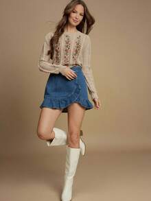 WESTFADE Floral Embroidered Cable Knit Crew Neck Long Sleeve Relaxed Knit Sweater - Apricot - View 3