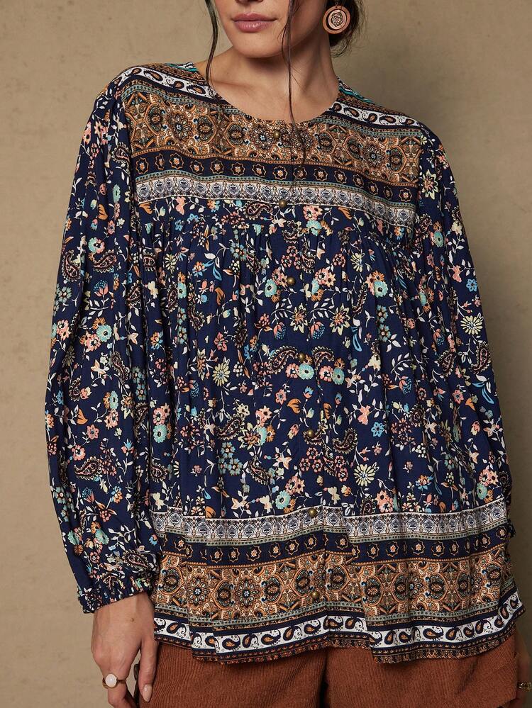 SHEIN VCAY Blusa holgada con estampado bohemio vintage de talla grande, camisa con estampado floral de otoño - Azul Marino - Añade 5