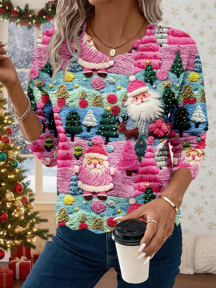 EMERY ROSE Suéter casual de mujer con cuello en V y efecto desgastado, adecuado para otoño/invierno, con estampado de Papá Noel