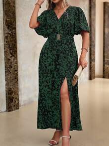 Roveilla Plus Size Women's V-Neck Leopard Print Short Sleeve Split Hem Casual Dress, For Christmas Maxi Women Outfit - Army Green - View 1