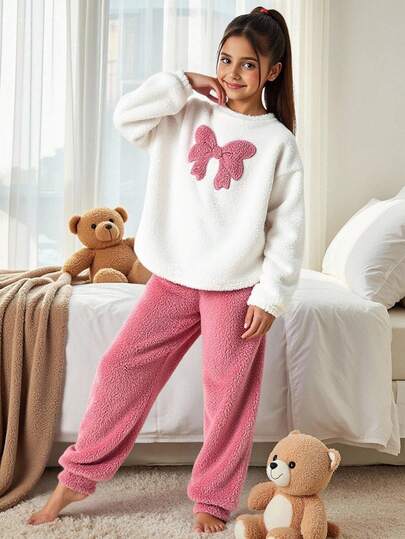 SHEIN Tween Girls Loose Plush Crew Neck Long Sleeve Bow Embroidered Sweatshirt And Cuffed Pants Pajama Set, Pink, Autumn/Winter Teen Girl Fluffy Matching Pjs Soft Pajamas Set Teen Pajama Sets Girl Teen Girl Lounge Wear Cute Pajamas For Woman