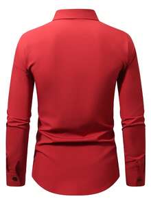 Calvornis Men's Fashionable Commuter Striped Print Long Sleeve Shirt, Autumn Red Dress Shirt For Men Red Design Shirt Men Casual Long Sleeve Shirts - Burgundy - View 2