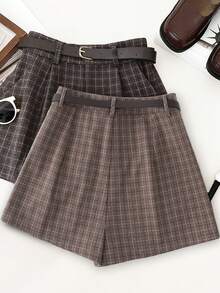 Franclia 女士复古格子口袋褶裥休闲短裤，秋季款 - 棕色 - 查看 2