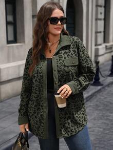 EMERY ROSE Plus Size Women Leopard Print Patchwork Shirt Style Jacket, Autumn/Winter - Army Green - View 4