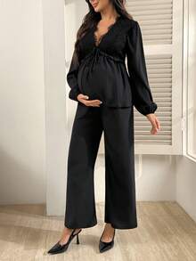 SHEIN 蕾丝拼接V领长袖上衣和裤子套装