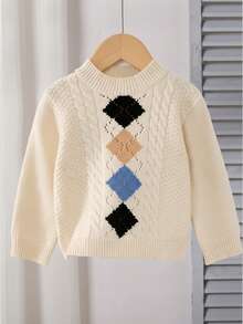 SHEIN 男女宝宝几何图案长袖针织衫，可爱费尔岛设计，秋冬季休闲宝宝服装 - 彩色 - 查看 6