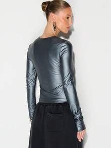 KIZN Metallic Long Sleeve Fitted Top With Crew Neck For Fall Winter Evening Wear - Grey - View 2