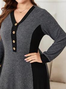 Lacomfia Plus Size Color Block Long Sleeve Knit Casual Comfortable Long Ribbed Sweater Dress Fall - Dark Grey - View 4