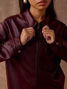 SHEIN BAE Women's Solid Color Casual Jacket For Commuting, Autumn,Cozy Fall And Winter Clothes For Women - Burgundy - View 7