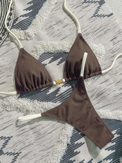 Swim Vcay 2pcs Women's Casual Vacation Beach Wear, Textured Color Block Metal Shell Decor Sexy Triangle Cup Nautical Style Solid Color Bikini Set Set