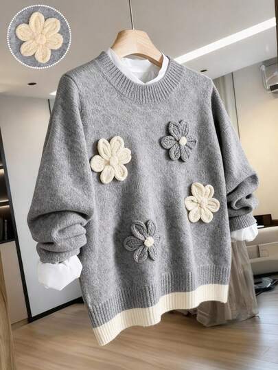 SHEIN Franclia 女式灰色圆领 3D 花卉休闲百搭时尚羊毛混纺针织套头衫