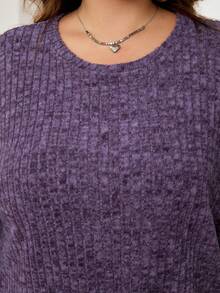 SHEIN CURVE+ 大码纯色简约日常穿搭圆领长袖上衣和裤子两件套 - 淡紫色 - 查看 12