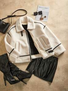 Anewsta Áo khoác ngắn rộng rãi chất liệu vải nỉ dày và giả da chắp vá - Màu be - Xem 1