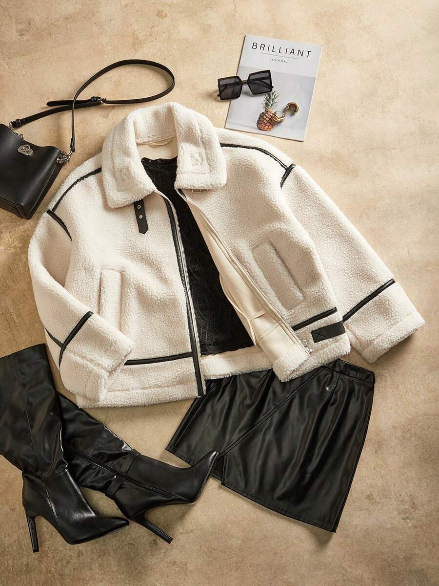 Anewsta Áo khoác ngắn rộng rãi chất liệu vải nỉ dày và giả da chắp vá - Màu be - Xem 1