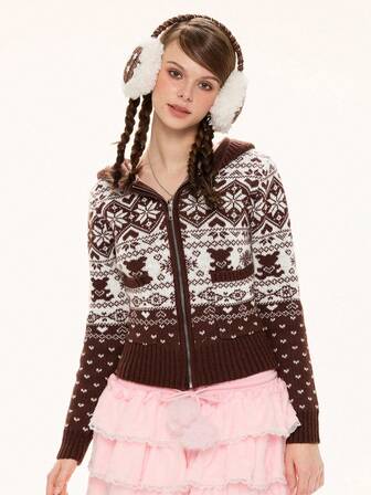 Kawaii Women's Casual Geometric Pattern Zip-Up Hooded Cardigan, Autumn/Winter
