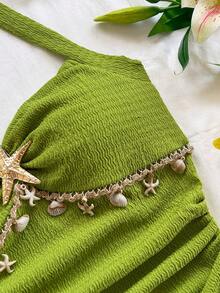 Soleia 女士度假风露背系带海星贝壳装饰荷叶边V领花卉金属扣白色针织纹理修身背心，性感修身时尚上衣，适合派对、约会、邮轮、度假、海滩、婚礼、音乐节、情人节、夜店、波西米亚风等场合。 - 軍綠色 - 查看 4