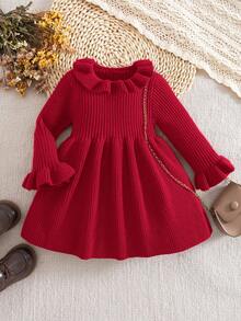 SHEIN Babygirl Cute Solid Color Knitted Long Sleeve Dress, Autumn/Winter - Red - View 6