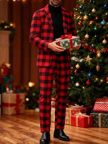 Manfinity Mode Men's Plaid Suit 2 Piece Set,Red And Black Lapel Long Sleeve Jacket And Pants,Summer Elegant Outfit For Dinner,Evening Party,Birthday,Christmas Gift - Burgundy - View 4