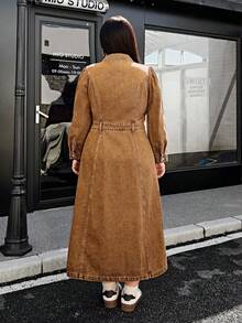 SHEIN ICON Váy denim cài nút phía trước thường ngày cỡ lớn - Màu Khaki - Xem 2