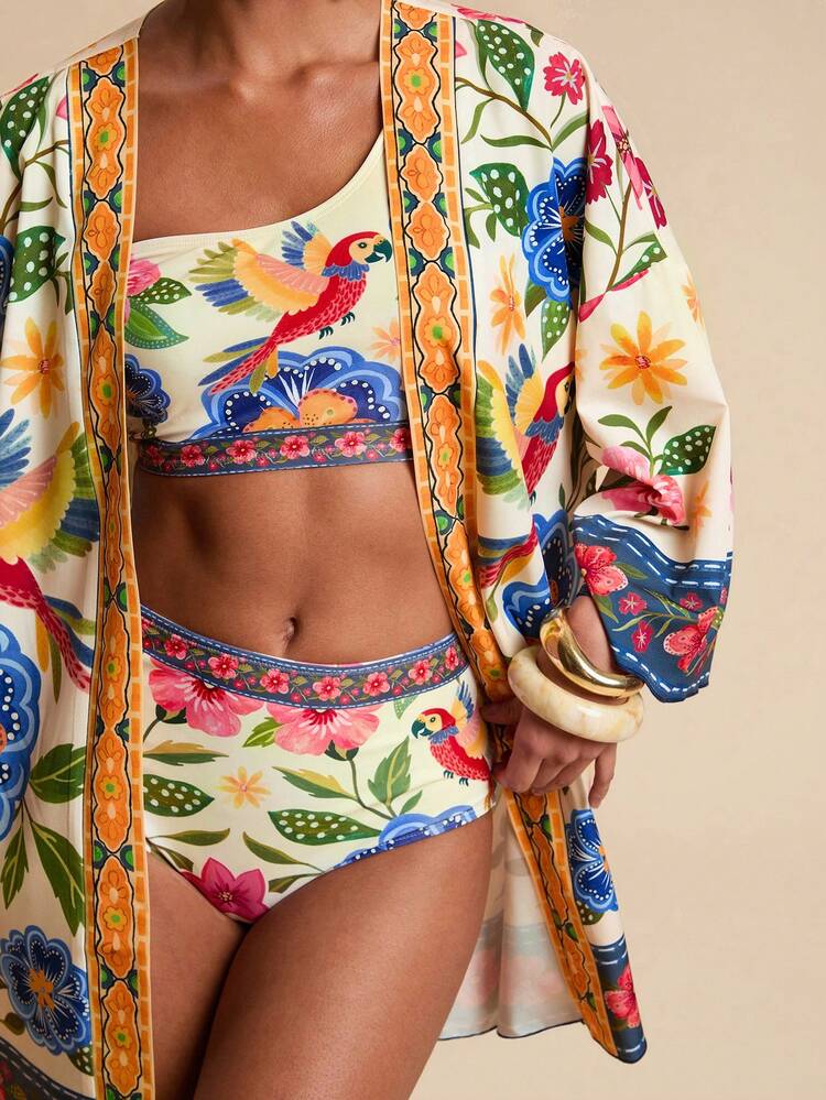 Travachic Women's Beach Vacation Casual Printed Open Front Cover Up,Vacation/Beach,Bathing Women Boho, Casual,Vacation,Summer Holiday,Vacation,Elegant,Going Out,Party,Beach,Summer Holiday, Tropical Vacation, Bohemian Outfits, Ibiza Outfits, Western Style - Multicolor - View 6