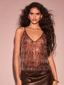 SHEIN PETITE 女士时尚派对亮片网纱吊带背心 - 咖啡棕 - 查看 6