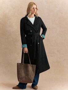 Écloséra French Retro Navy Blue Striped Fitted Lapel Original Fabric Belt Waist Closure Slant Pockets Women's Autumn/Winter Long Sleeve Trench Coat With Contrasting Butterfly Print Lining - Black - View 7