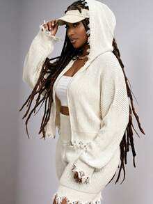 Slaydiva 2025 秋冬新品 纯色卡其色流苏连帽短裤针织套装 大码女装 - 卡其色 - 查看 9