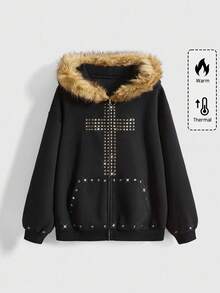 ROMWE Grunge Punk Áo nỉ cổ tròn rộng rãi thiết kế đinh tán chữ thập Punk Y2K - màu đen - Xem 8