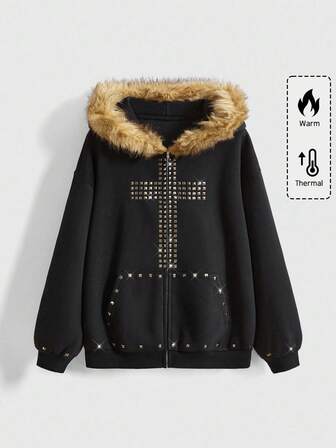 Grunge Punk Y2K Punk Cross Rivet Design Loose Fit Shawl Collar Sweatshirt Sweatshirt