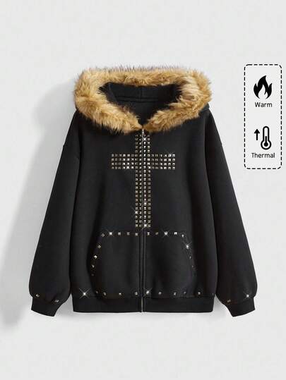 Grunge Punk Sweat-shirt-shirt à col châle ample avec design de croix et rivets, style Punk Y2K