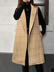EMERY ROSE Plus Size Women's Autumn/Winter Pocket Plaid Lapel NeckLong Vest Jacket - Khaki - View 6