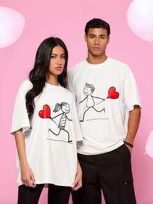 Manfinity VCAY 2pcs/Set Couple's Casual Loose Fit Cartoon Character & Heart Print Short Sleeve T-Shirt - White - View 2