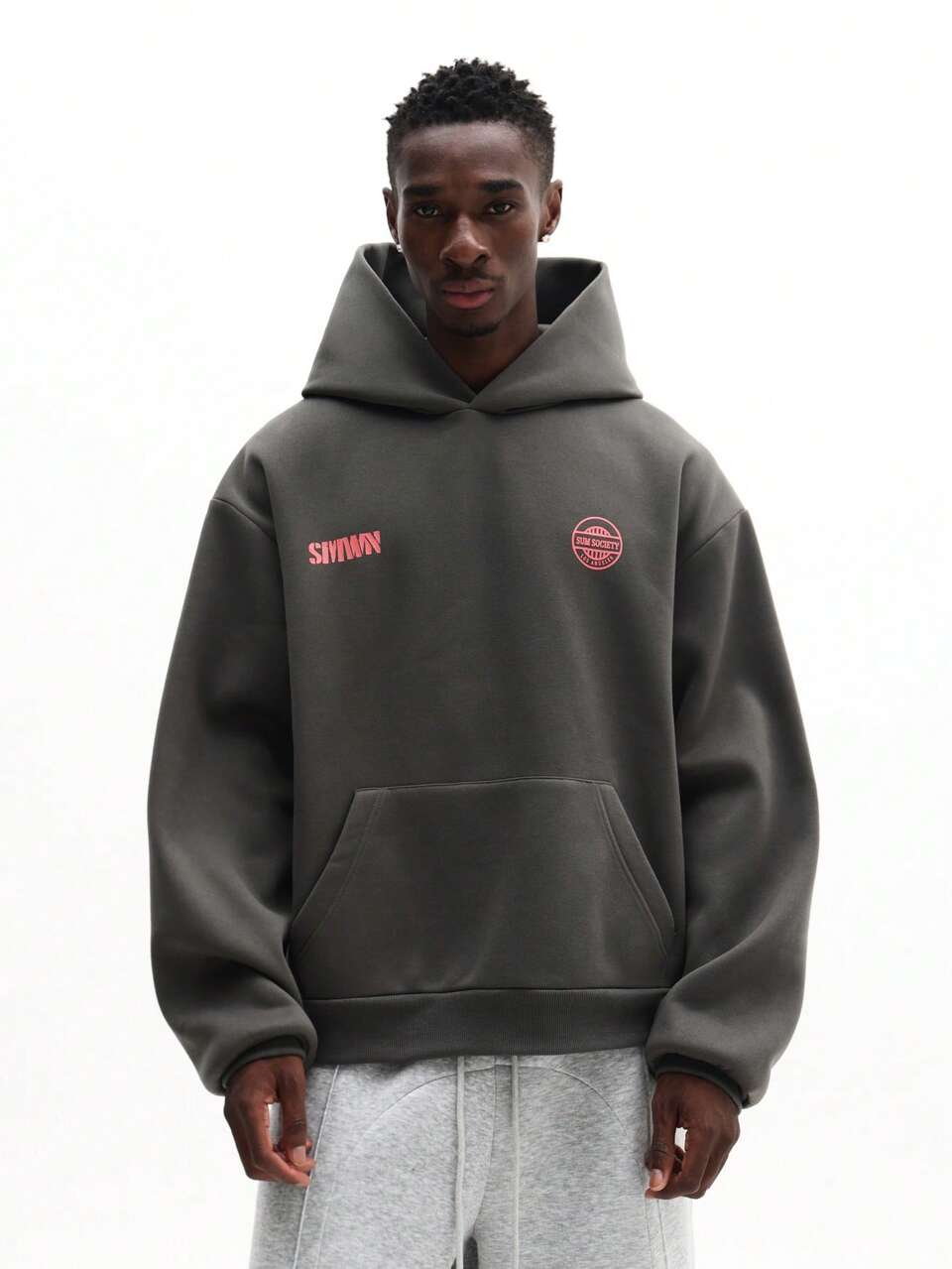 SUMWON Regular Oversized Hoodie With Drawstring And Centre Pocket Circular Text Print Design Urban Casual Sweatshirt