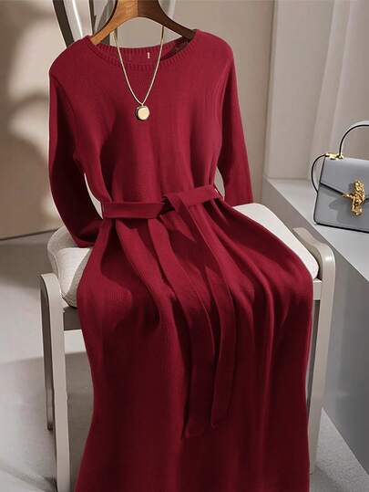 GlowEve CURVE 大码休闲纯色圆领毛衣连衣裙，秋冬季