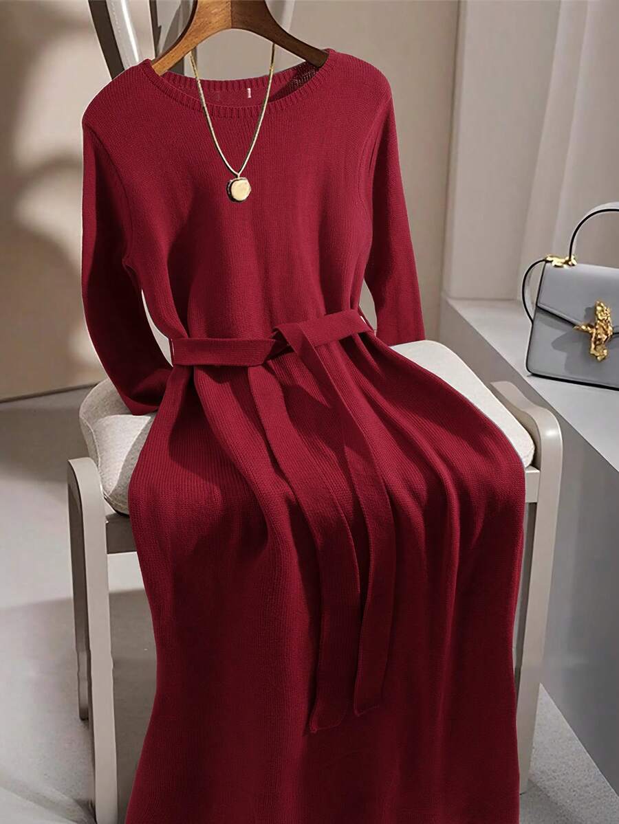 GlowEve CURVE 大码休闲纯色圆领毛衣连衣裙，秋冬季