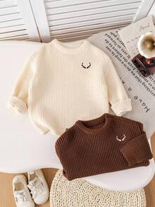 SHEIN 2pcs Young Boys' Brown & Khaki Textured Loose Fit Pullover Sweaters, Versatile For Back To School, Thanksgiving, Christmas, Winter, Cozy Fall & Winter Styles, Long Sleeve Tops - Apricot - View 5