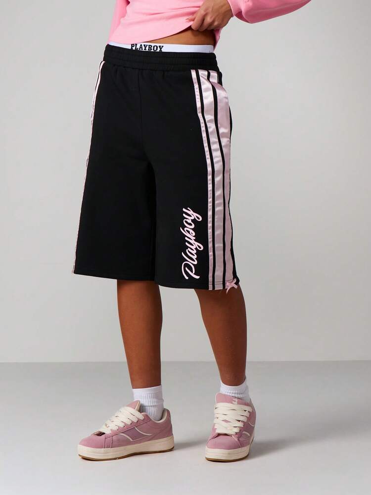 Missguided x Playboy Logo Basketball Shorts With Side Stripes And Bunny Graphics