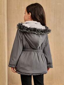 SHEIN Elladie kids 女童休闲装饰连帽束腰派克大衣，适合冬季穿着，幼儿女童冬季外套，女童带帽冬季外套，婴儿女童冬季外套，儿童灰色冬季外套，女童灰色派克大衣，粉色保暖内衬冬季外套，秋季款 - 灰色 - 查看 2