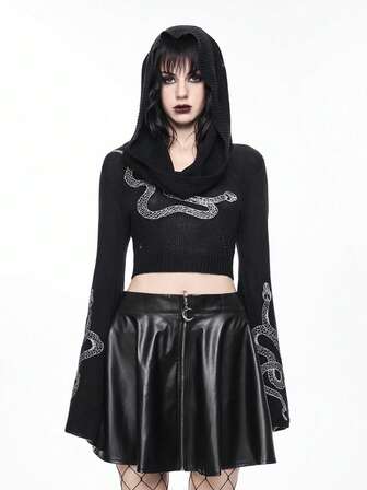 Goth Maglione con cappuccio in maglia con maniche a campana e ricamo di serpente misterioso gotico da donna